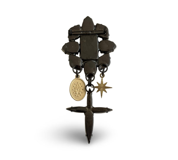 BAROQUE MUSE RUBY GOLD CROSS MEDAL BROOCH