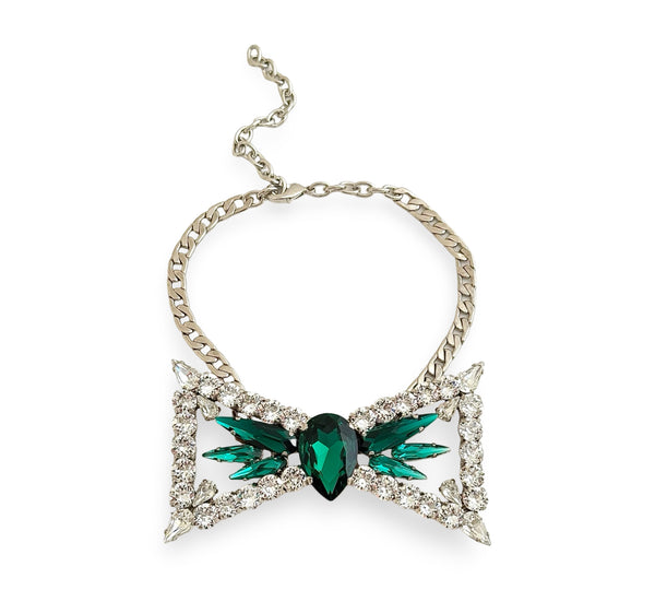 SILVER EMERALD BOW TIE NECKLACE - SS26JU