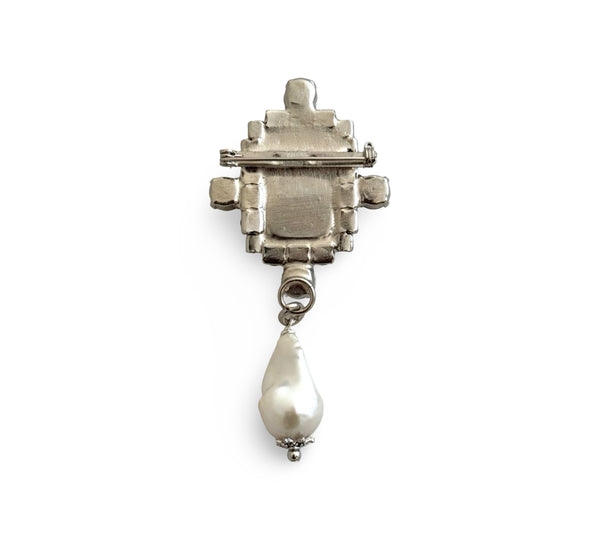 Muse Dynasty Crystal Cross Brooch with Pearl Drop - SS26B